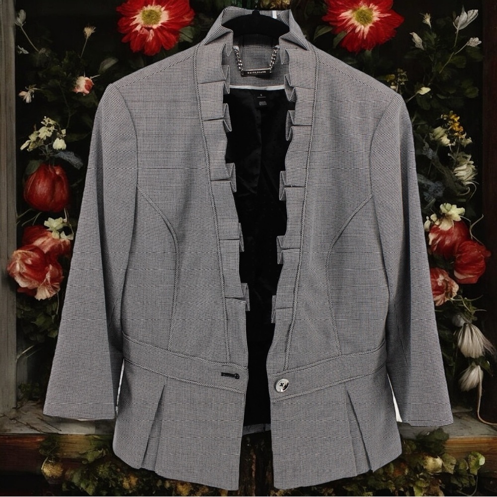 WHBM Micro Check Ruffle Trim 3/4 Sleeve Lightweight‎ Career Blazer Size 6